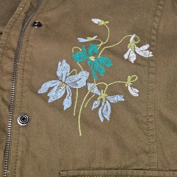 Olive Embroidered Floral Belted Zip Up Utility Standing Collar Jacket Size Med - Picture 7 of 10